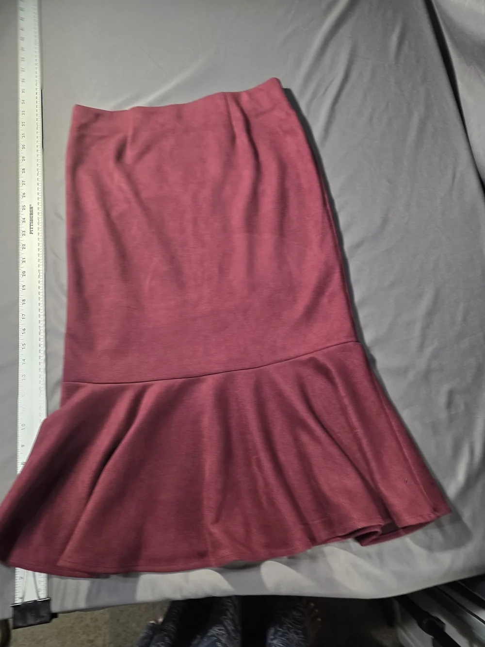 Messini Women's Burgundy Mermaid Flare Skirt – Size Med– Soft Stretch Faux Suade